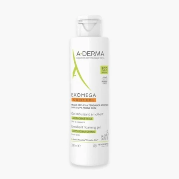 Flacon blanc A-Derma Exomega Control gel moussant émollient 200 ml
