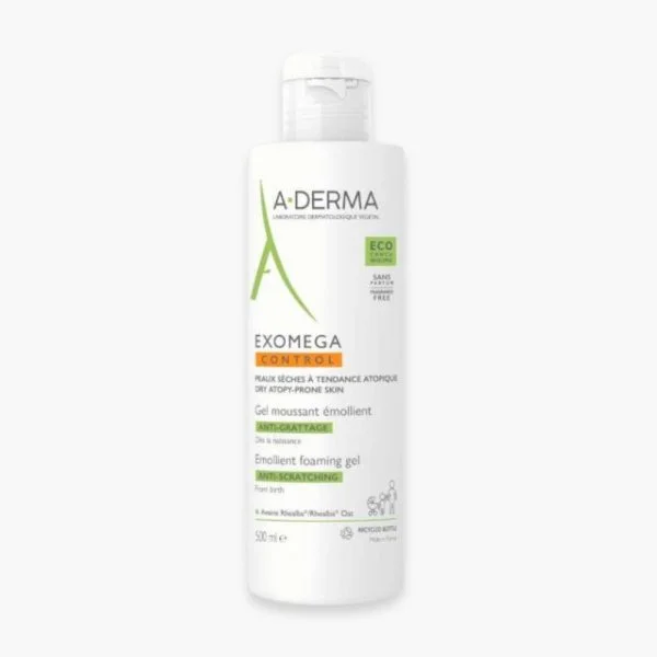 Flacon blanc A-Derma Exomega Control gel moussant émollient 500 ml