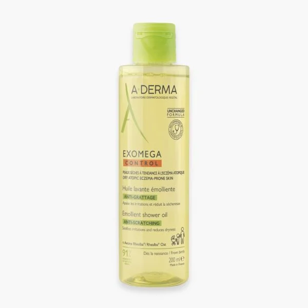 Flacon jaune transparent A-Derma Exomega Control huile lavante 200 ml