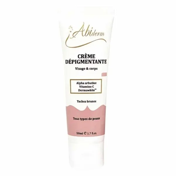 Tube blanc et rose Abiderm crème dépigmentante visage corps 50 ml