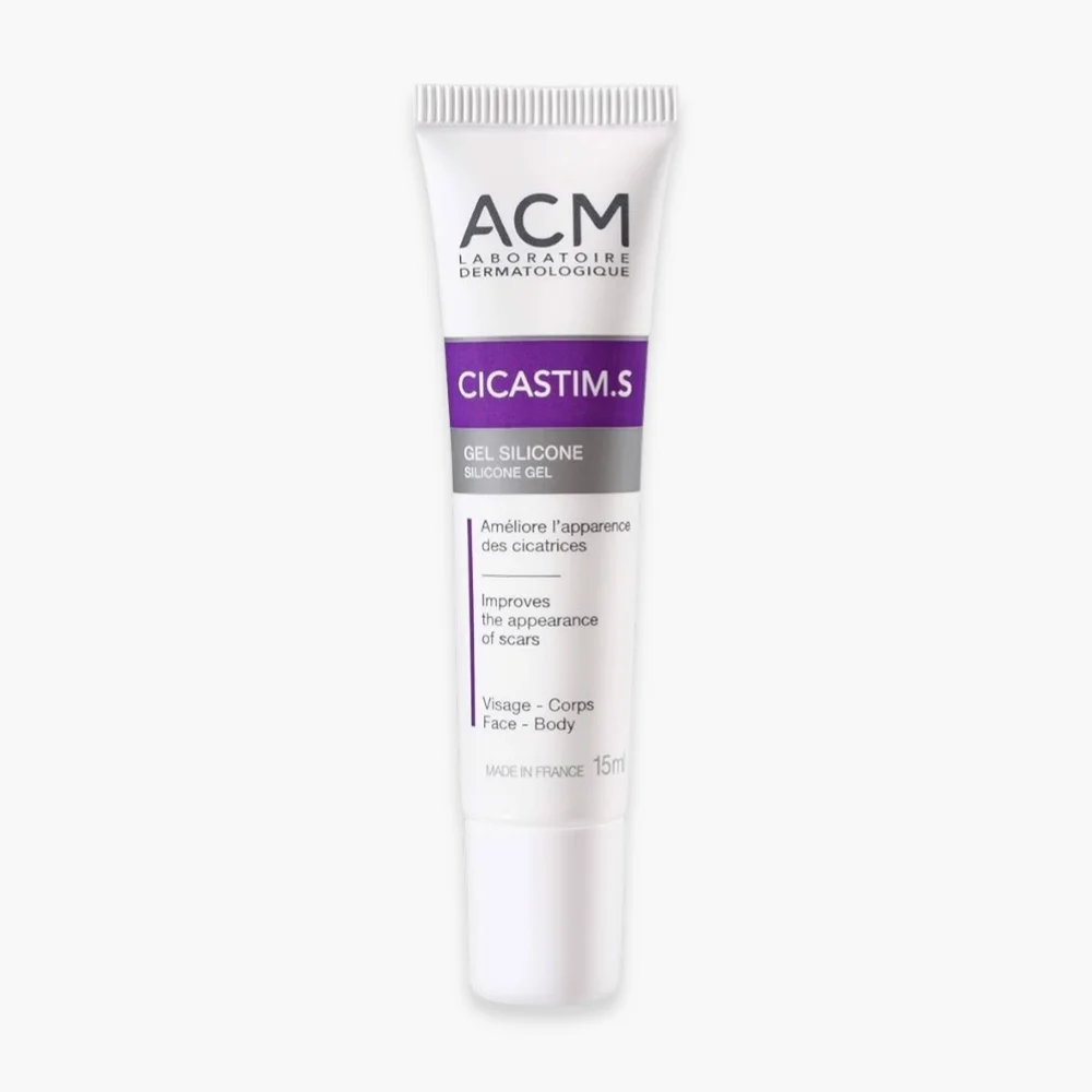 acm-cicastim-s-gel-silicone-15ml.jpg Tube blanc et violet ACM Cicastim.S gel silicone cicatrices visage corps 15 ml