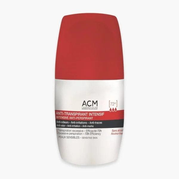 Roll-on ACM anti-transpirant intensif 72h, capuchon rouge, mention peaux sensibles