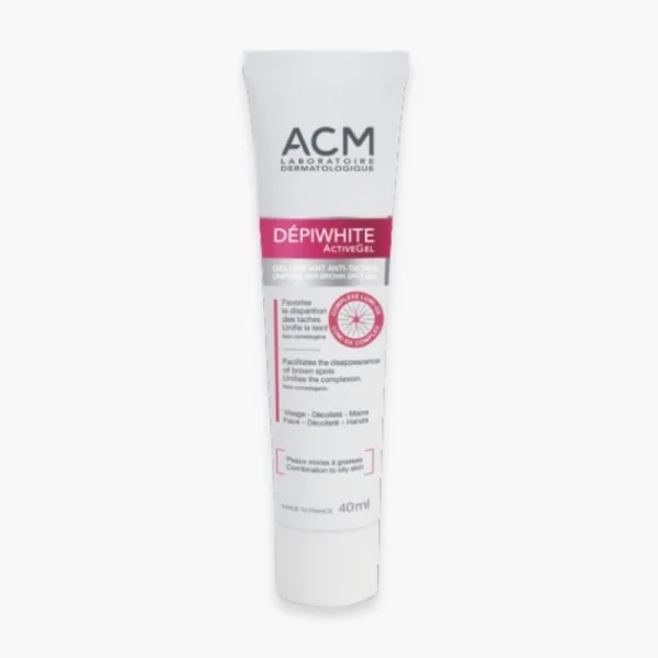 Tube blanc ACM Dépiwhite ActiveGel, gel unifiant anti-taches, bandeau rose, 40 ml