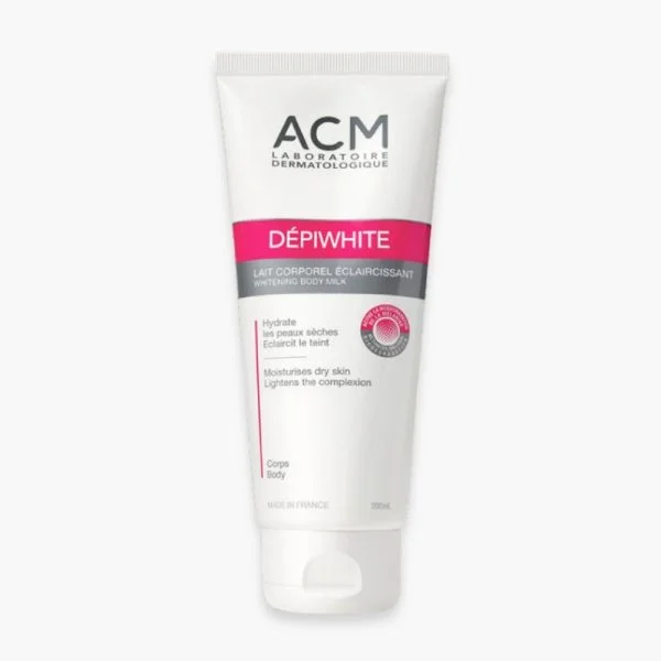 Tube blanc ACM Dépiwhite lait corporel éclaircissant 200 ml, bandeau rose