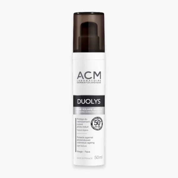 Flacon pompe ACM Duolys crème solaire anti-âge SPF50+ visage 50 ml