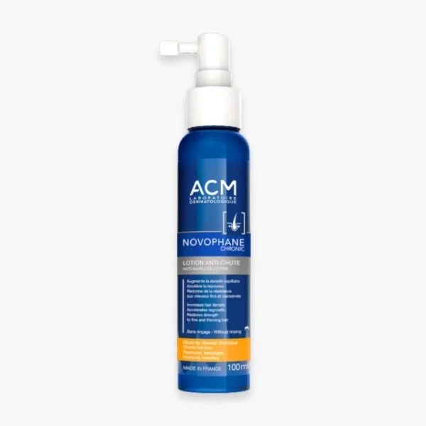 Flacon spray bleu ACM Novophane Chronic lotion anti-chute 100 ml
