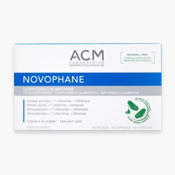 Boîte blanche et bleue ACM Novophane complément alimentaire 60 gélules