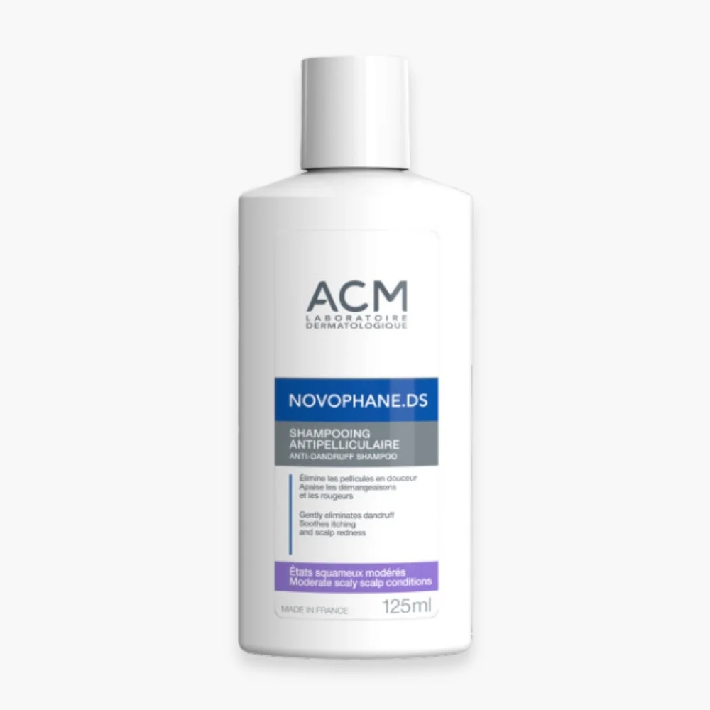 acm-novophane-ds-shampoing-anti-pelliculaire-pellicules-moderees-125ml.jpg Flacon blanc ACM Novophane DS shampooing antipelliculaire 125 ml