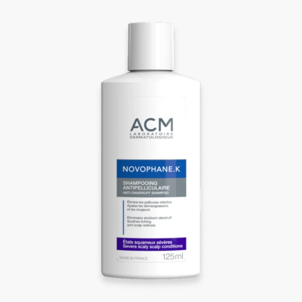acm-novophane-k-shampoing-anti-pelliculaire-pellicules-severes-125ml.jpg Flacon blanc ACM Novophane K shampooing antipelliculaire 125 ml