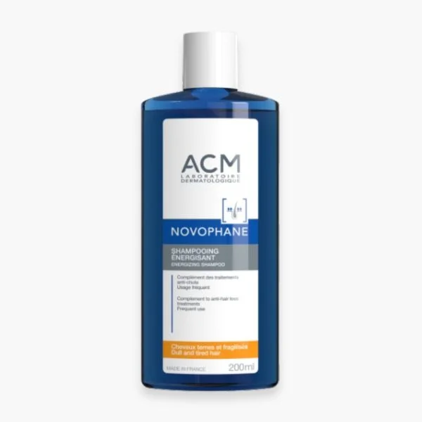 Flacon bleu ACM Novophane shampooing énergisant 200 ml cheveux ternes fragilisés