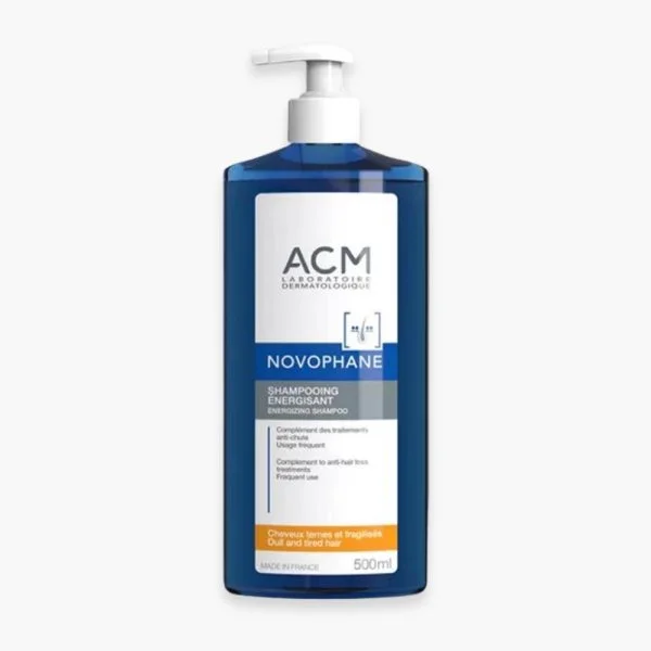 Grand flacon pompe bleu ACM Novophane shampooing énergisant 500 ml