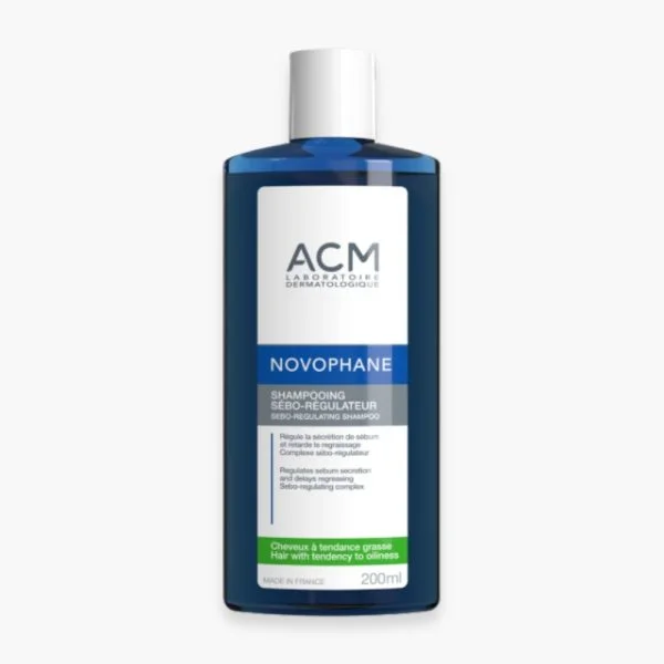 Flacon bleu ACM Novophane shampooing sébo-régulateur 200 ml cheveux gras
