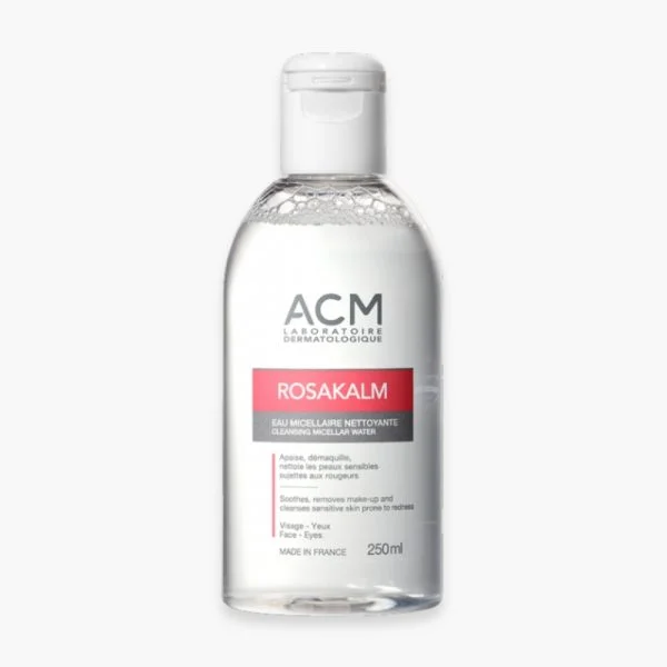 Flacon transparent ACM Rosakalm eau micellaire nettoyante 250 ml visage yeux