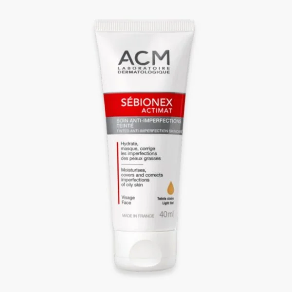 Tube blanc et rouge ACM Sébionex Actimat soin teinté anti-imperfections 40 ml