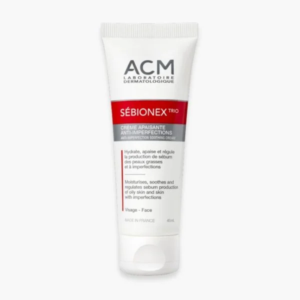 Tube blanc et rouge ACM Sébionex Trio crème apaisante anti-imperfections 40 ml