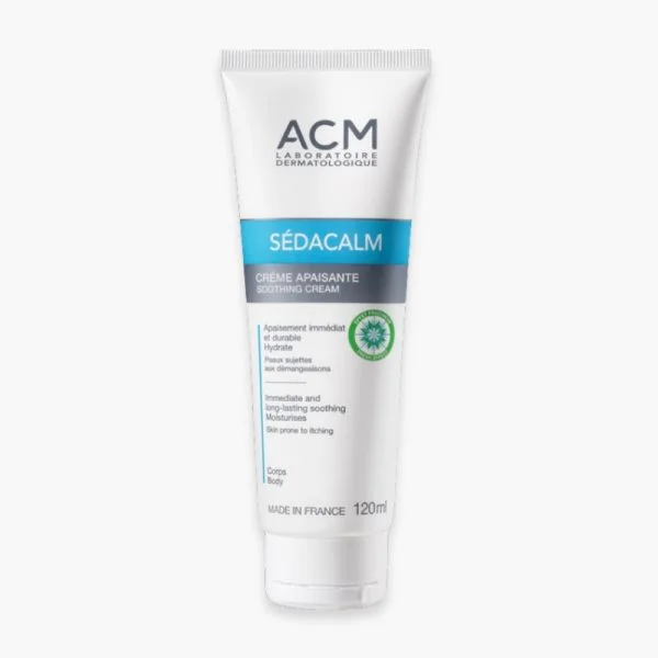Tube blanc et bleu ACM Sédacalm crème apaisante corps 120 ml