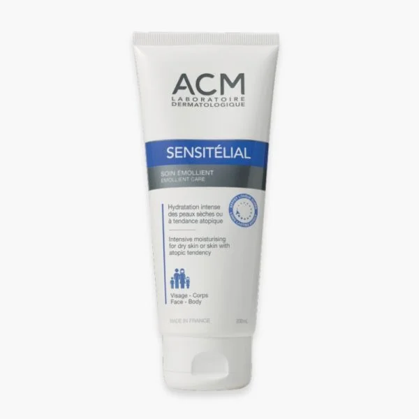 Tube blanc et bleu ACM Sensitélial soin émollient visage corps 200 ml