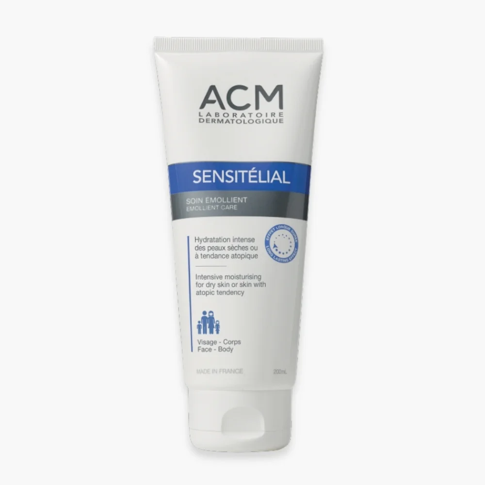acm-sensitelial-soin-emollient-200ml.jpg Tube blanc et bleu ACM Sensitélial soin émollient visage corps 200 ml