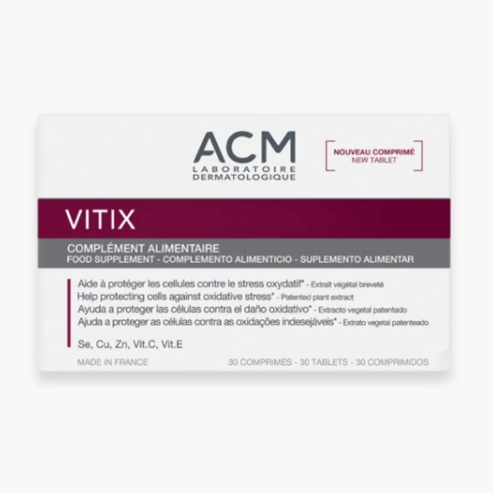 acm-vitix-depigmentation-vitiligo-30-comprimes.jpg Boîte ACM Vitix complément alimentaire antioxydant 30 comprimés Made in France