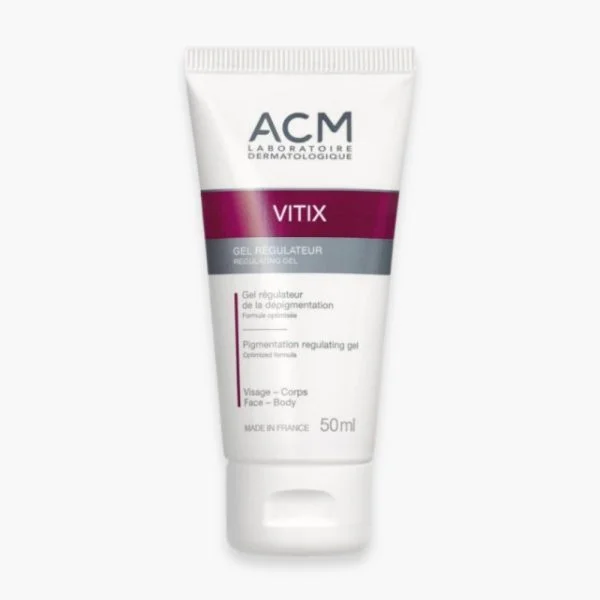 Tube blanc ACM Vitix gel régulateur dépigmentation visage et corps 50 ml
