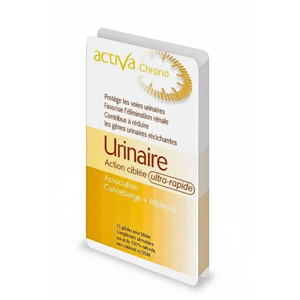 Étui blanc et jaune Activa Chrono Urinaire 15 gélules sous blister