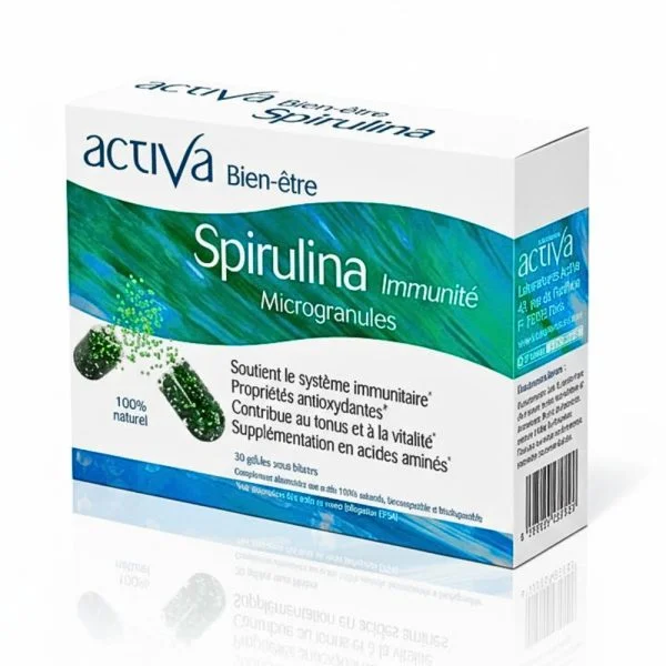 Boîte bleue et verte Activa Bien-être Spirulina microgranules 30 gélules
