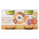 Lot de deux petits pots en verre Alce Nero pomme prune biscuit biologique