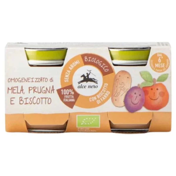 Lot de deux petits pots en verre Alce Nero pomme prune biscuit biologique