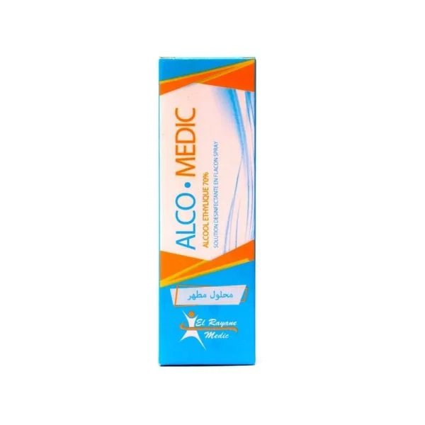 Étui bleu et orange Alco Medic alcool éthylique 70% solution désinfectante spray