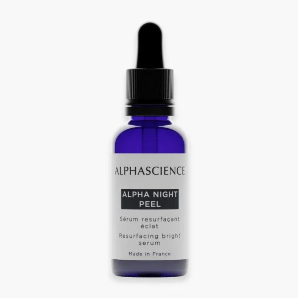 Flacon verre bleu pipette Alphascience Alpha Night Peel sérum resurfaçant