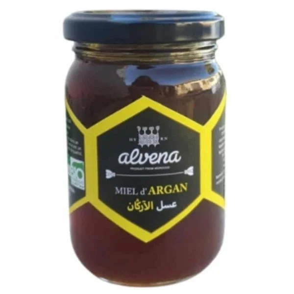 Pot verre miel d'argan alvena étiquette jaune couvercle bleu
