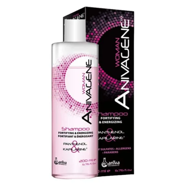 Flacon rose et étui noir Anivagene Woman shampoing fortifiant 200 ml
