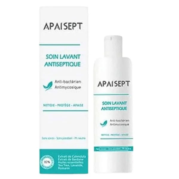 Boîte et flacon Apaisept Soin Lavant Antiseptique, packaging blanc et turquoise