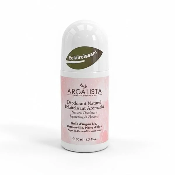 Flacon roll-on blanc Argalista déodorant naturel éclaircissant, étiquette rose