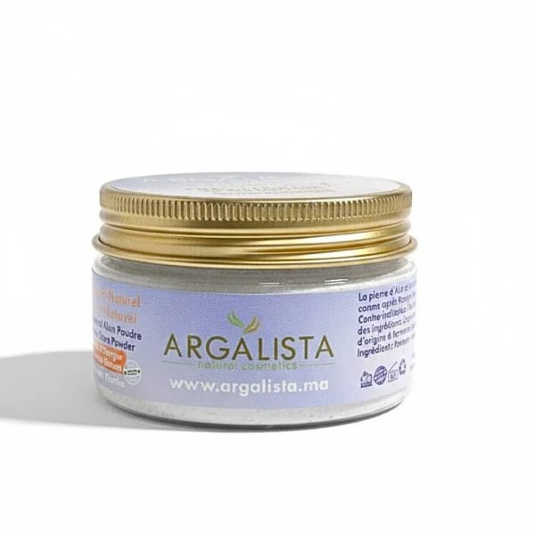 Pot en verre à couvercle doré de déodorant Argalista en poudre blanche