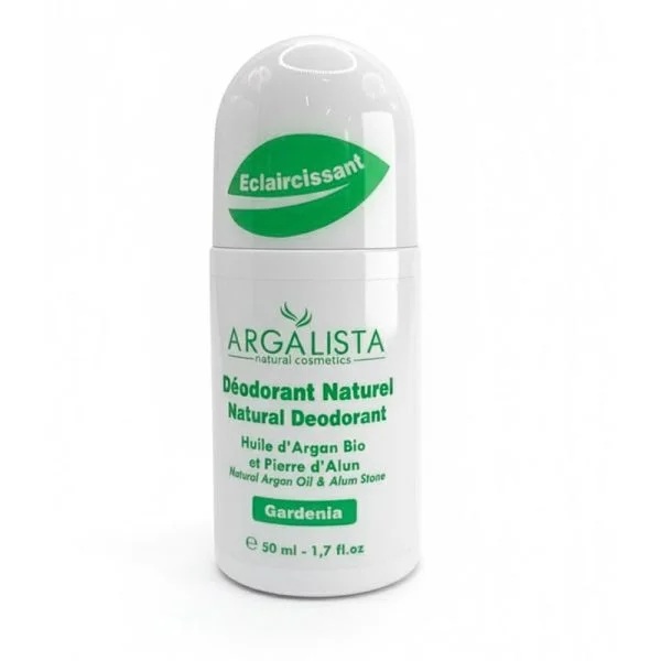 Flacon roll-on blanc Argalista déodorant naturel gardénia, inscriptions vertes