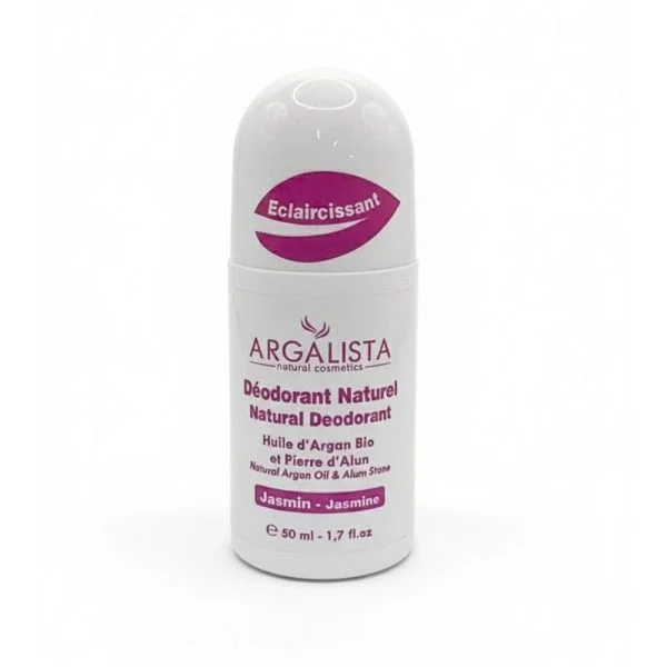 Flacon roll-on blanc Argalista déodorant naturel jasmin, inscriptions magenta