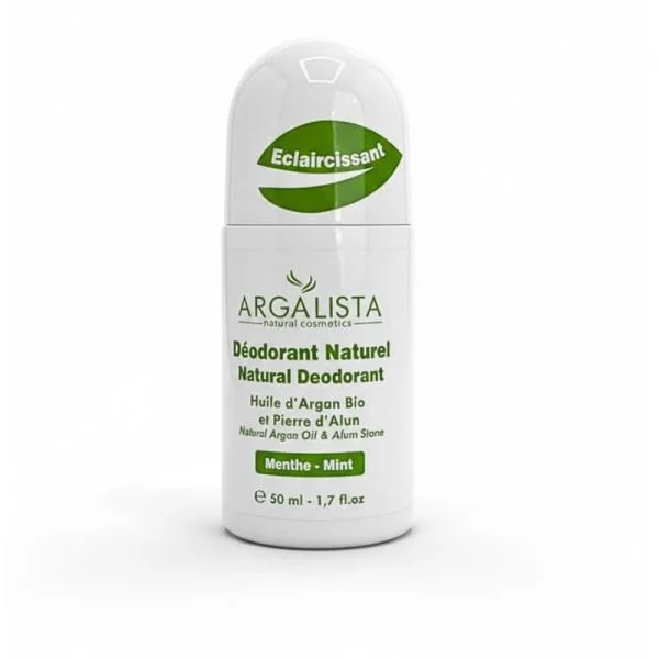 Flacon roll-on blanc Argalista déodorant naturel menthe, inscriptions vertes