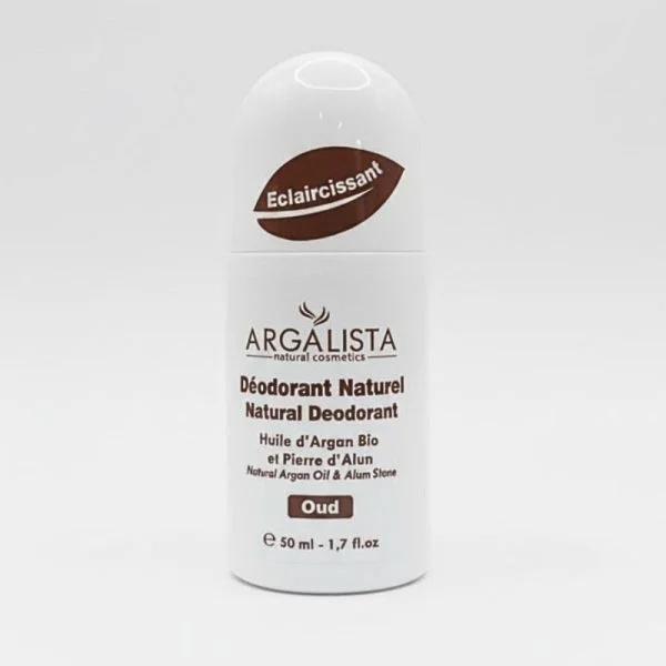 Flacon roll-on blanc Argalista déodorant naturel oud, inscriptions brunes