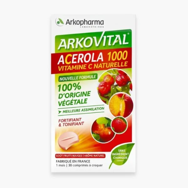 Boîte Arkopharma Arkovital Acérola 1000 vitamine C, 30 comprimés à croquer