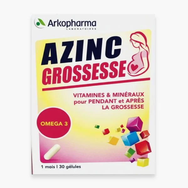 Boîte Arkopharma Azinc Grossesse vitamines et minéraux, 30 gélules, oméga 3
