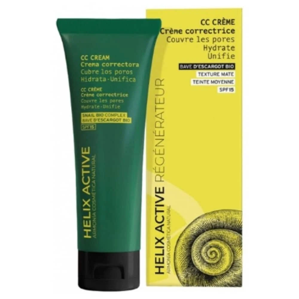 armonia-helix-active-cc-creme-correctrice-couvre-les-pores-hydrate-et-unifie-spf15-40ml.jpg Tube vert et étui jaune Armonia Helix Active CC crème correctrice SPF 15
