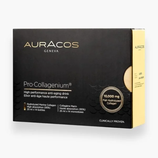 Boîte noire et dorée Auracos Pro Collagenium avec fioles de collagène marin
