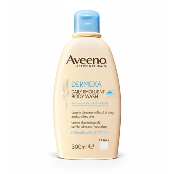 Flacon beige Aveeno Dermexa gel lavant émollient 300 ml bouchon bleu