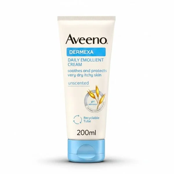 Tube blanc cassé Aveeno Dermexa crème émolliente 200 ml bouchon bleu