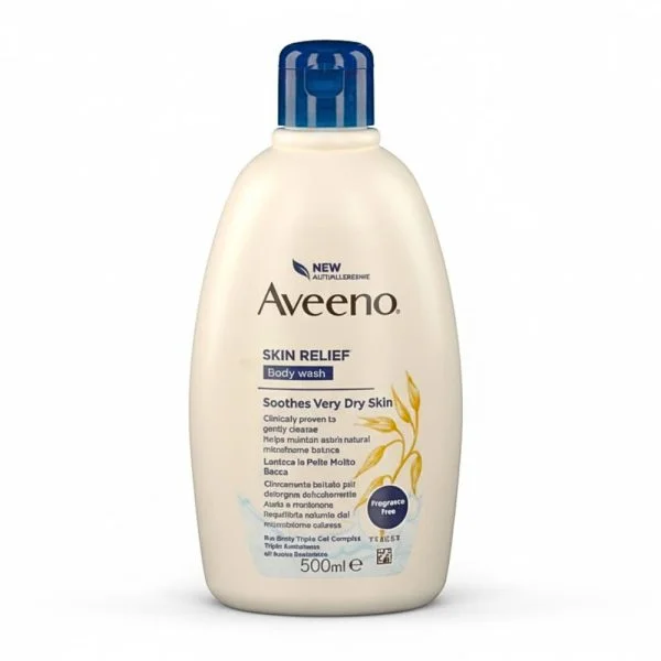 Flacon blanc cassé Aveeno Skin Relief Body Wash 500 ml bouchon bleu