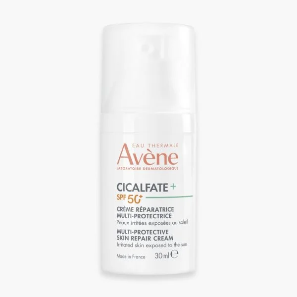 Flacon pompe blanc Avène Cicalfate+ Crème Réparatrice Multi-Protectrice SPF50+