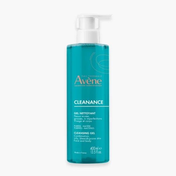 Flacon pompe turquoise Avène Cleanance gel nettoyant 400 ml visage corps