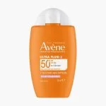 Flacon orange Avène Ultra Fluid SPF50+ éclat 50 ml sur fond blanc