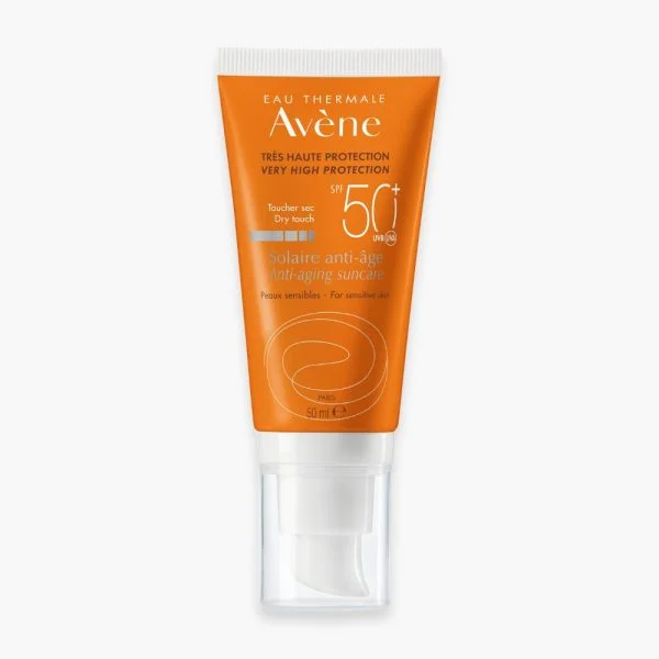 Tube orange Avène Solaire Anti-Âge SPF50+ toucher sec 50 ml